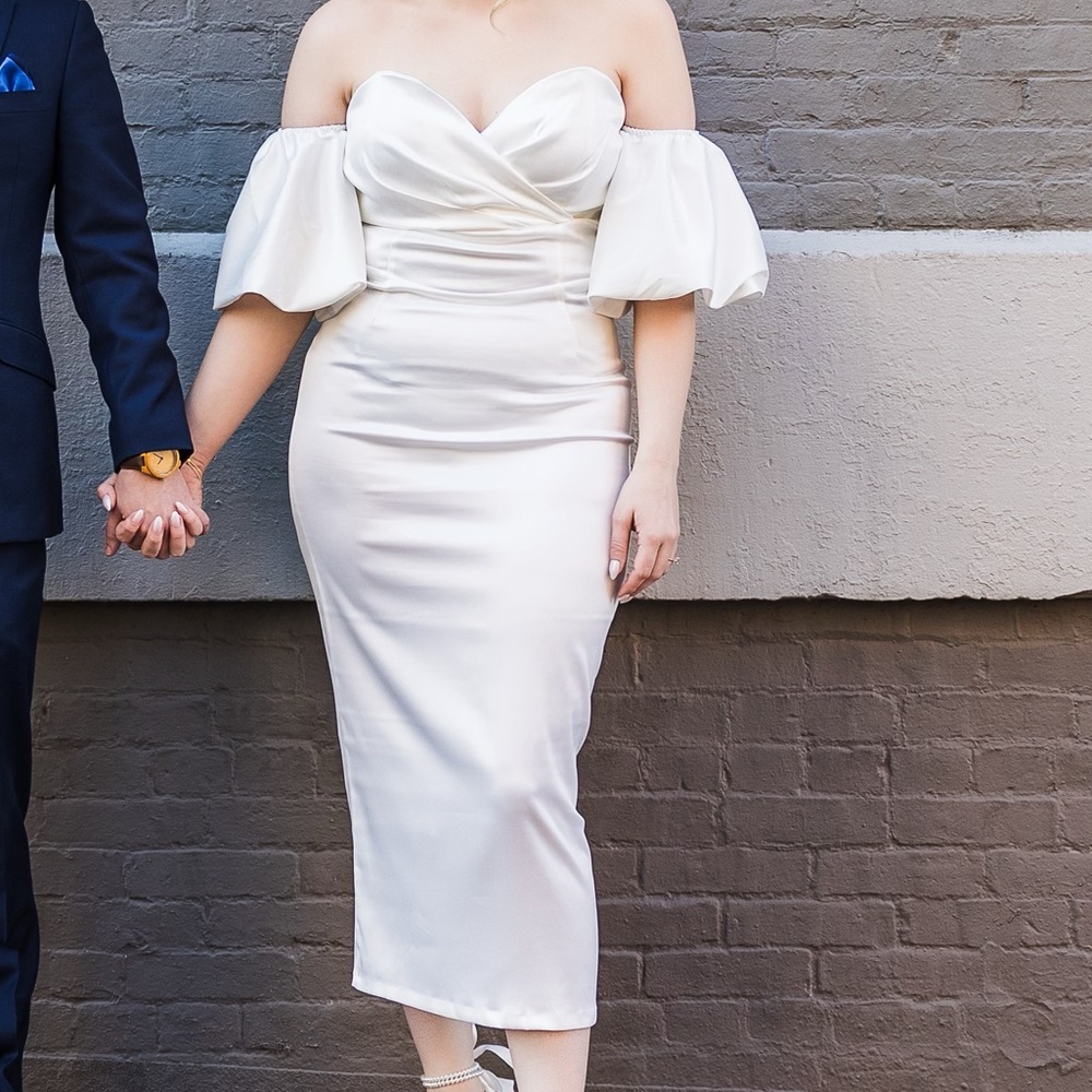 White bubble off shoulder dress
